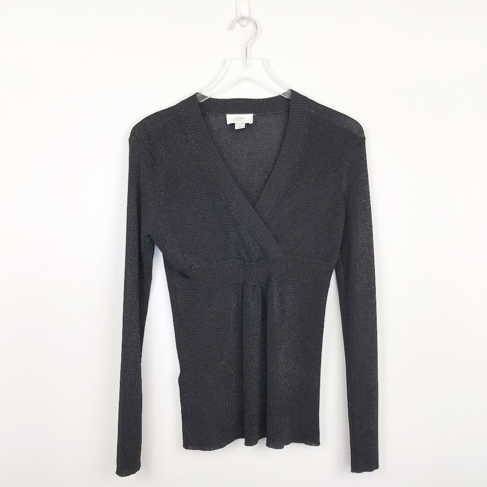LOFT Metallic Stitched Black V Neck Top